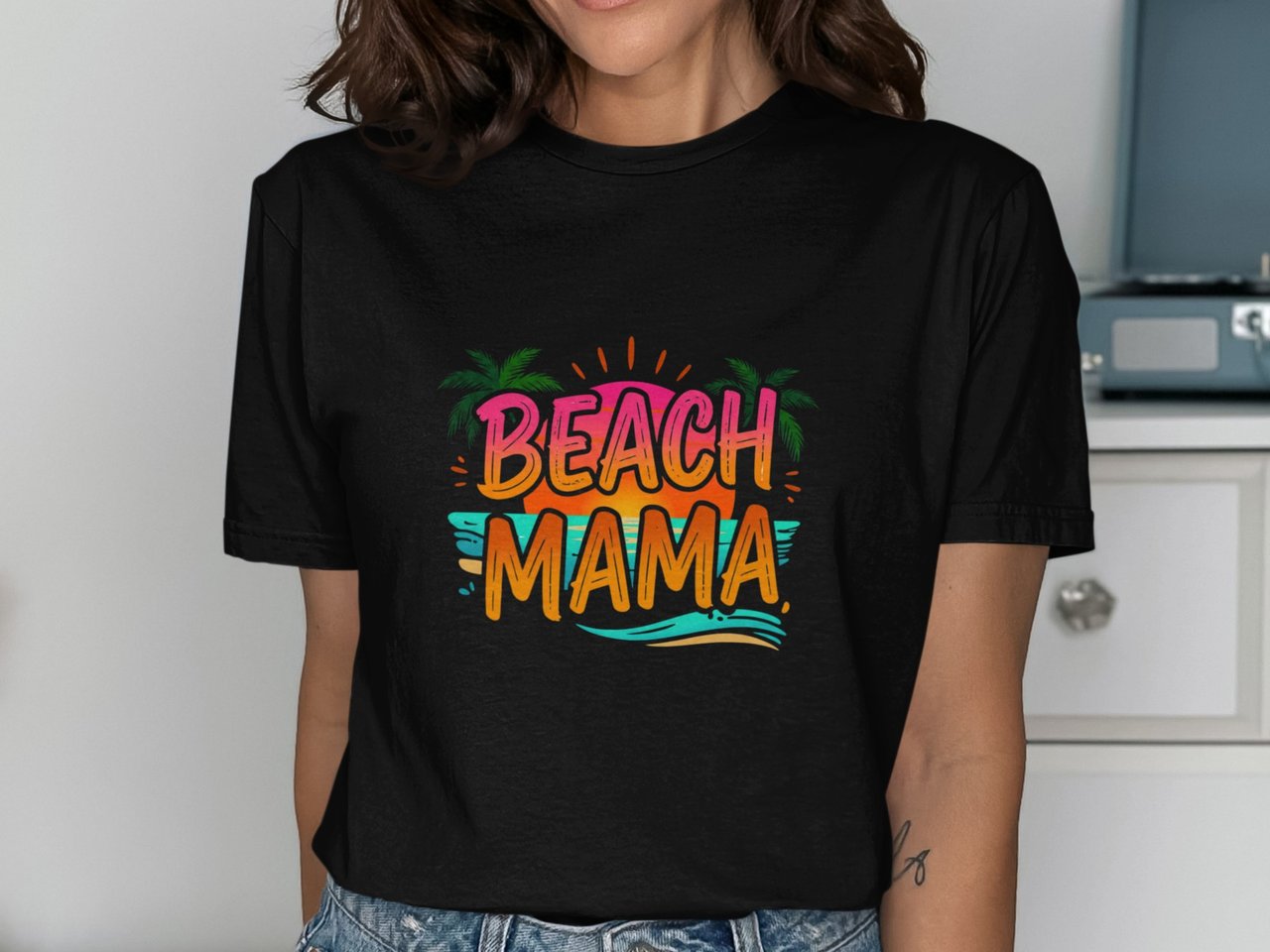 Beach Mama T-Shirt, Summer Vacation Shirt for Moms, Tropical Sunset Palm Tree Coastal Mom Life Tee, Mother's Day Gift