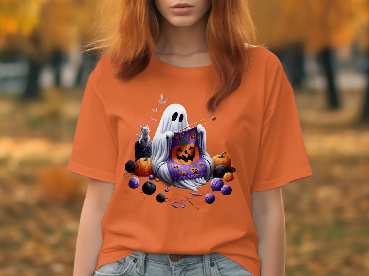 Knitting Ghost T-Shirt, Halloween Ghost Shirt, Spooky Season T-Shirt, Cute Ghost T-Shirt, Ghost and Cat Tee, Pumpkin T-Shirt