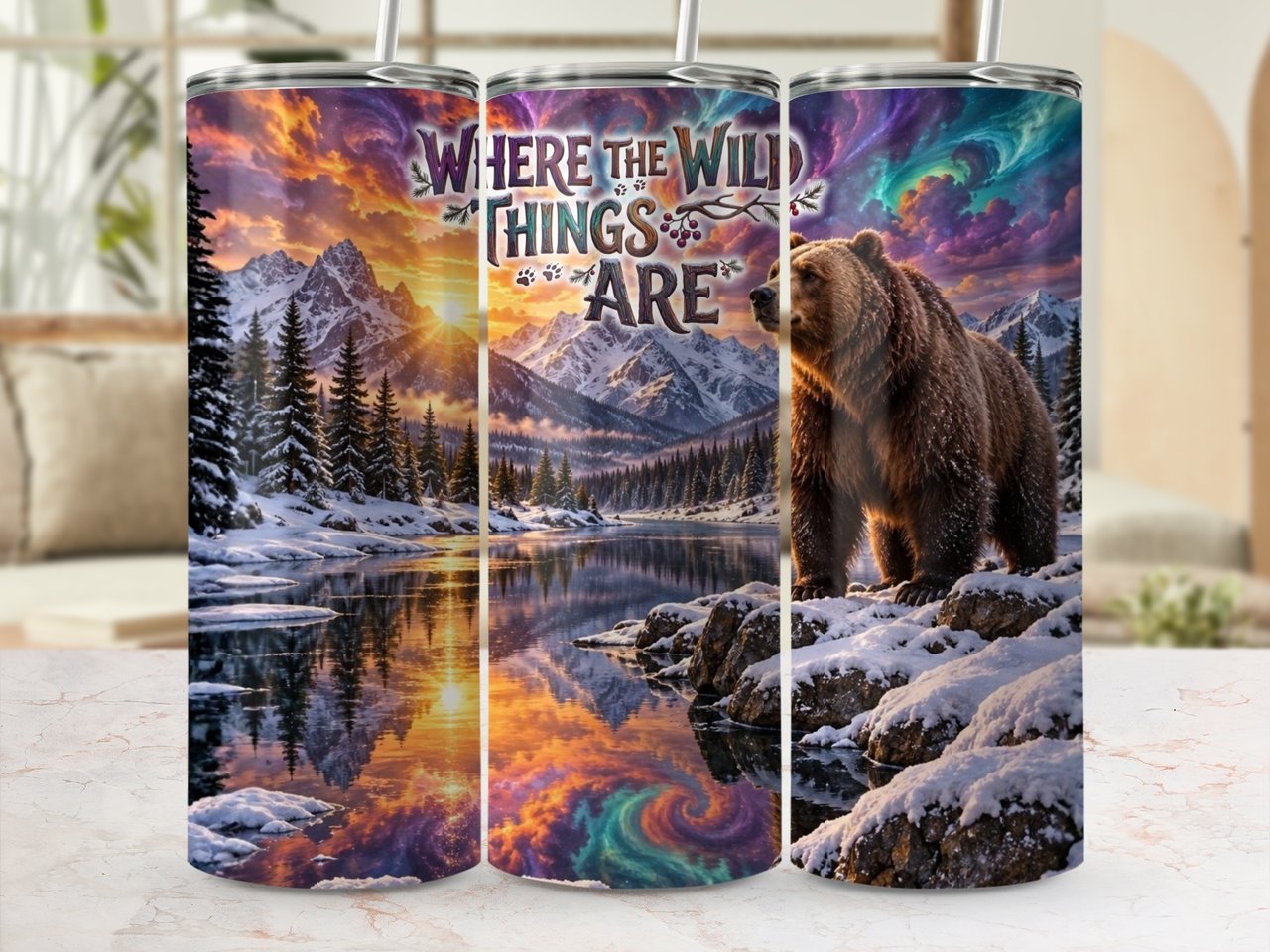Grizzly Bear 20 oz Tumbler Wrap PNG, Mountain Lake Wildlife Tumbler Sublimation Design, Rustic Outdoor Nature Digital Download
