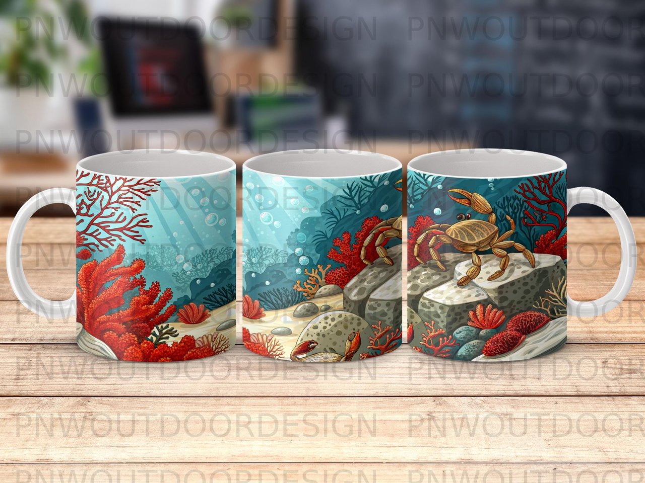 Crab Ocean Life Mug Sublimation Wrap PNG, Marine Life Digital Design for 11oz 15oz Mugs, Underwater Sea Animal Instant Download