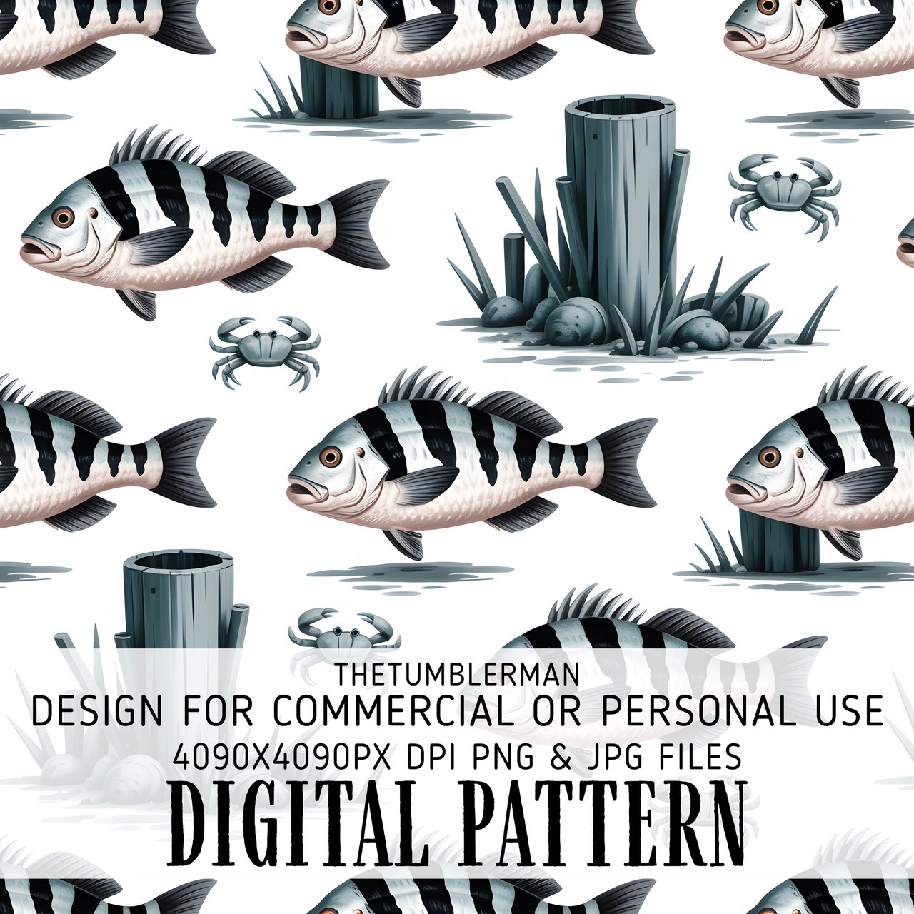 Digital Pattern, Fish and Crab Pattern, Striped Fish, Nautical Pattern, Sea Life Pattern, Digital Bundle, Commercial Use Pattern