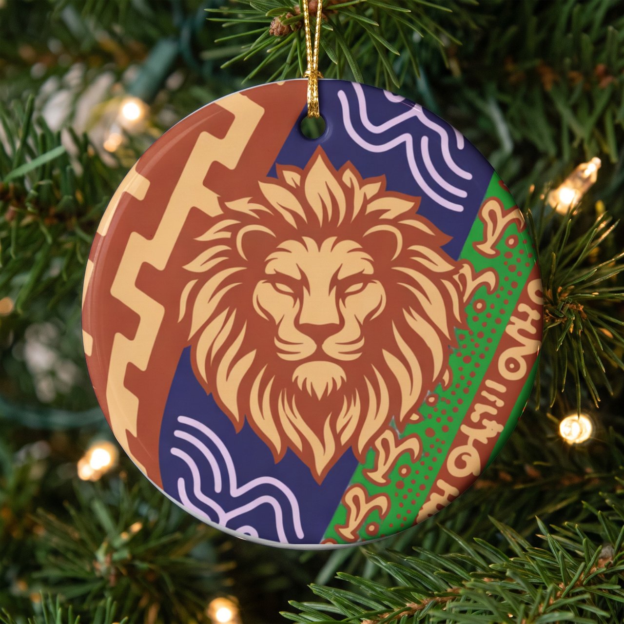 Lion Ornament, Boho Leo Zodiac Decor, African Safari Wildlife Holiday Keepsake, Tribal Lion Gift for Astrology and Big Cat Lovers
