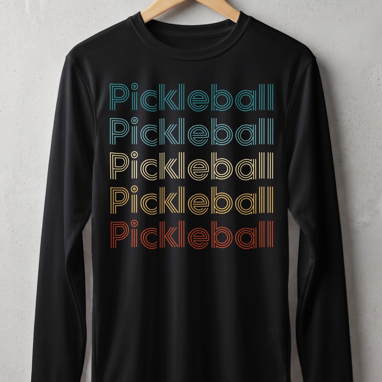 Pickleball Sport-Tek Long Sleeve Tee, Retro Striped Font Multi Line Pickleball Repeat Graphic, Sun Shield Shirt