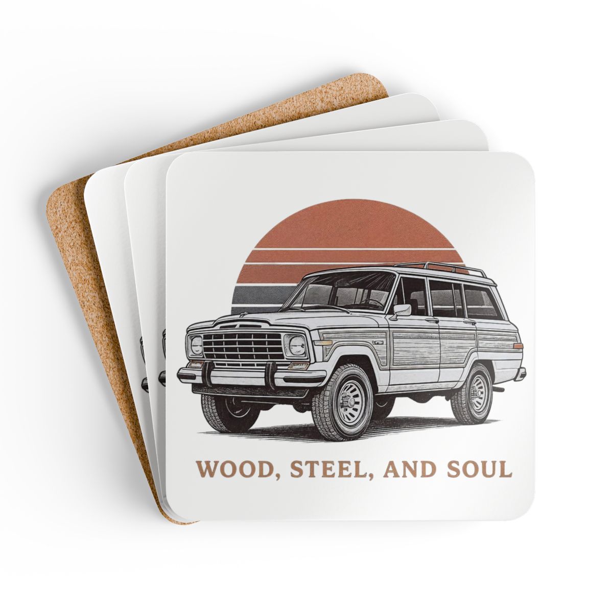 Grand Wagoneer Corkwood Coaster Set, The Waggy Car Coasters, Auto Decor, Wood, Steel, Soul, Gift For Car Lovers, Housewarming Gift