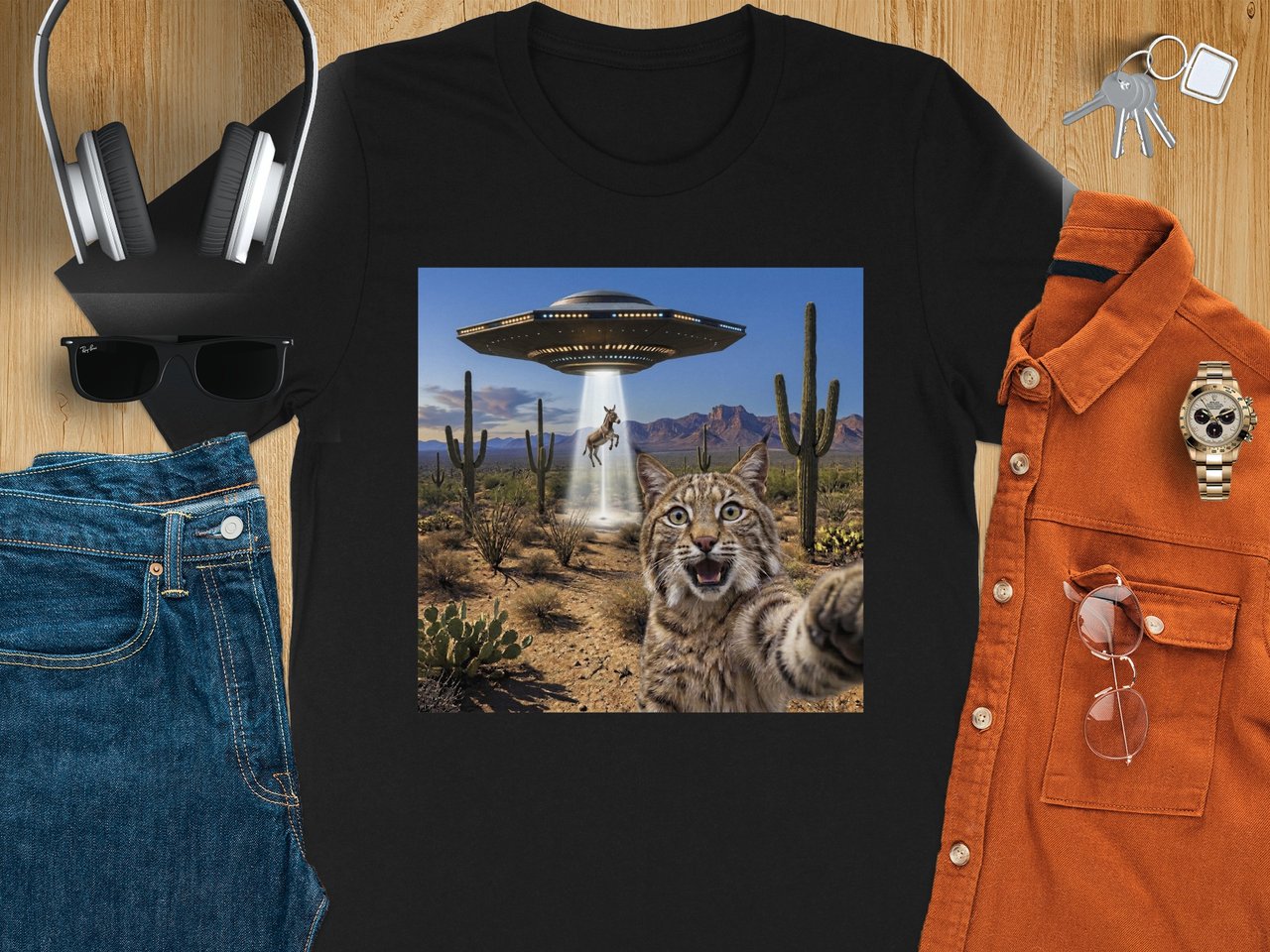 Bobcat Alien Abduction Selfie Tee, burro alien abduction, bobcat in the desert with saguaro cactus and flying saucer