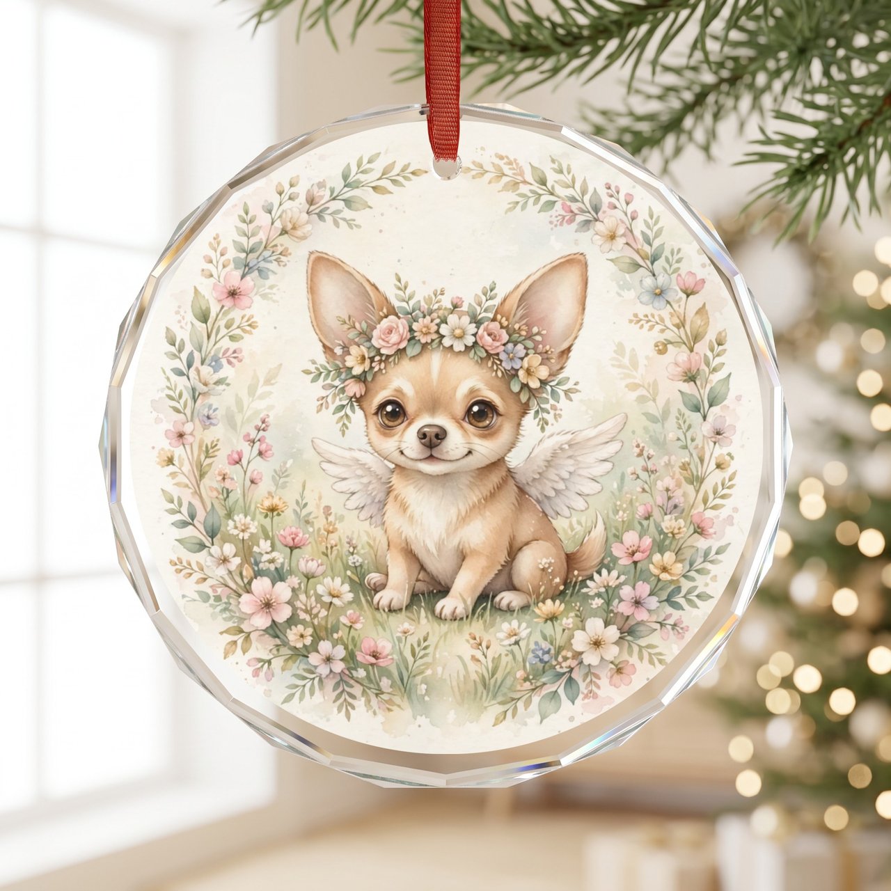 Chihuahua Memorial Ornament — Flower Crown Angel Sympathy Gift, Personalized Pet Loss Keepsake