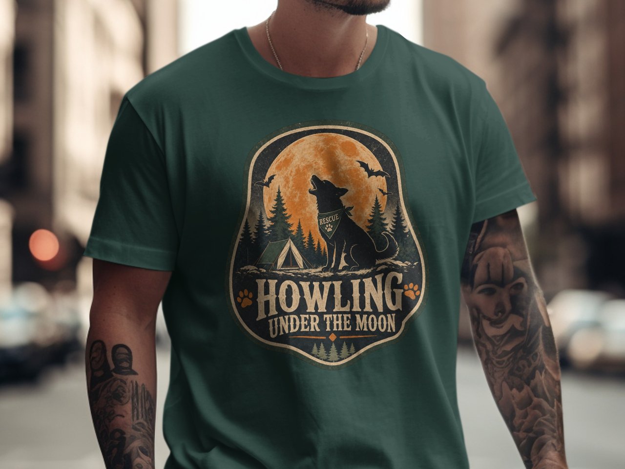 Howling Wolf Under Moon T-Shirt, Vintage Rescue Dog Lover Tee, Forest Camping Nature Adventure Top, Grunge Style Outdoor Gift