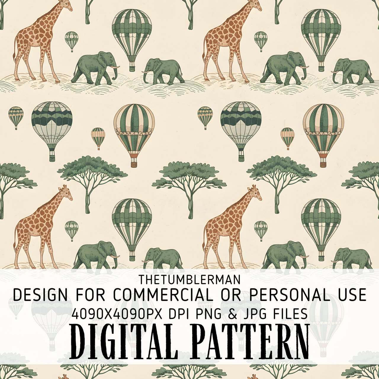 Digital Pattern, Giraffe Elephant Hot Air Balloon, Repeat Pattern, Surface Pattern Design, Fabric Design, Digital Bundle, Digital Paper Pack