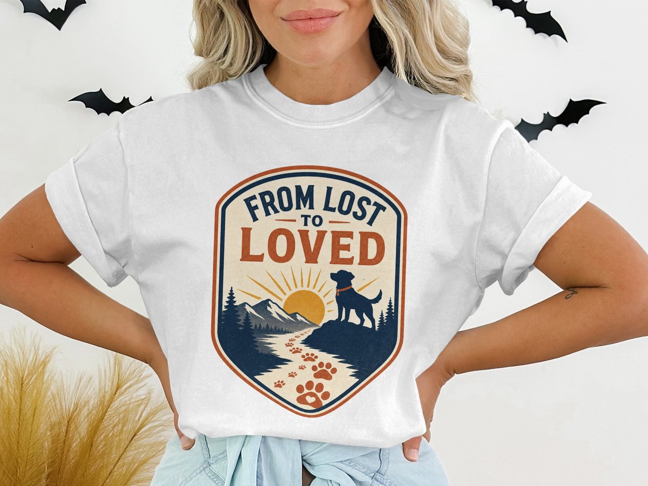 From Lost to Loved Dog Rescue T-Shirt | Vintage Pet Adoption Gift | Retro Animal Lover Tee | Paw Print Sunset Mountain Dog Shirt