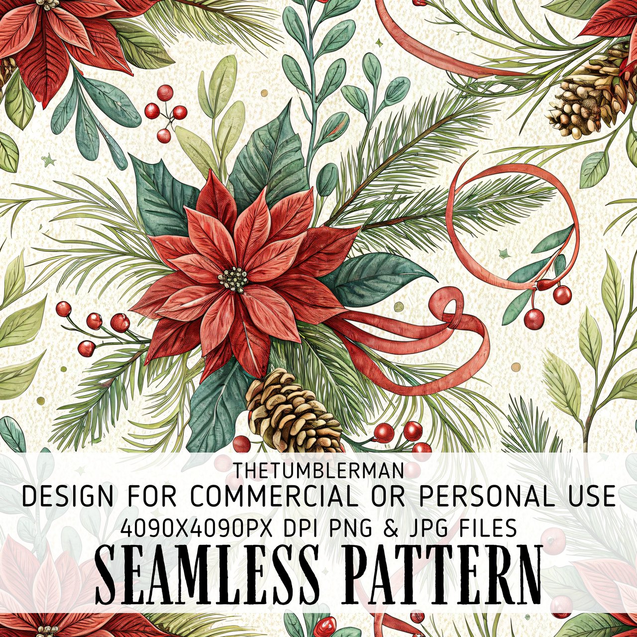 Christmas Floral Tumbler Design, Digital Paper, Watercolor Flower Backgrounds, Poinsettia PNG, Scrapbooking Paper, Digital Download