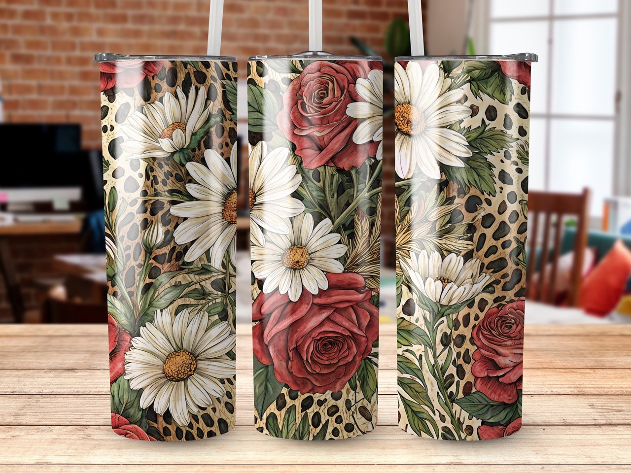 Leopard Floral Tumbler Wrap, 20oz Skinny Tumbler Design, Sublimation PNG, Rose Daisy Tumbler Wrap, Seamless Tumbler Design, Digital Download