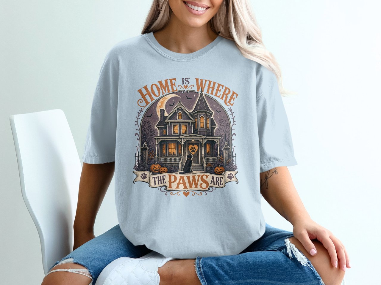 Halloween Dog Lover T-Shirt, Haunted House Spooky Pet Tee, Vintage 'Home Is Where The Paws Are' Gothic Dog Mom Gift