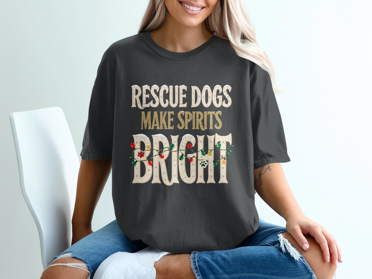 Rescue Dogs Make Spirits Bright Christmas T-Shirt, Dog Lover Xmas Shirt, Holiday Pet Mom Tee, Adopt Don't Shop Canine Gift, Festive Winter