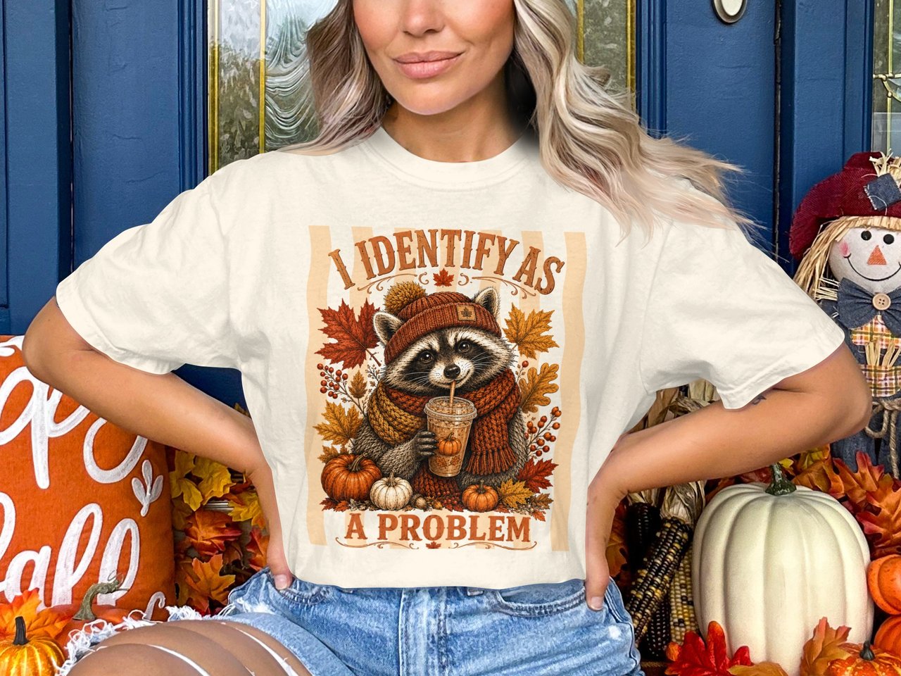Autumn Raccoon Sweatshirt, I Identify As A Problem Hoodie, Funny Fall Pumpkin Spice Latte Tshirt, Cozy Animal Lover Gift