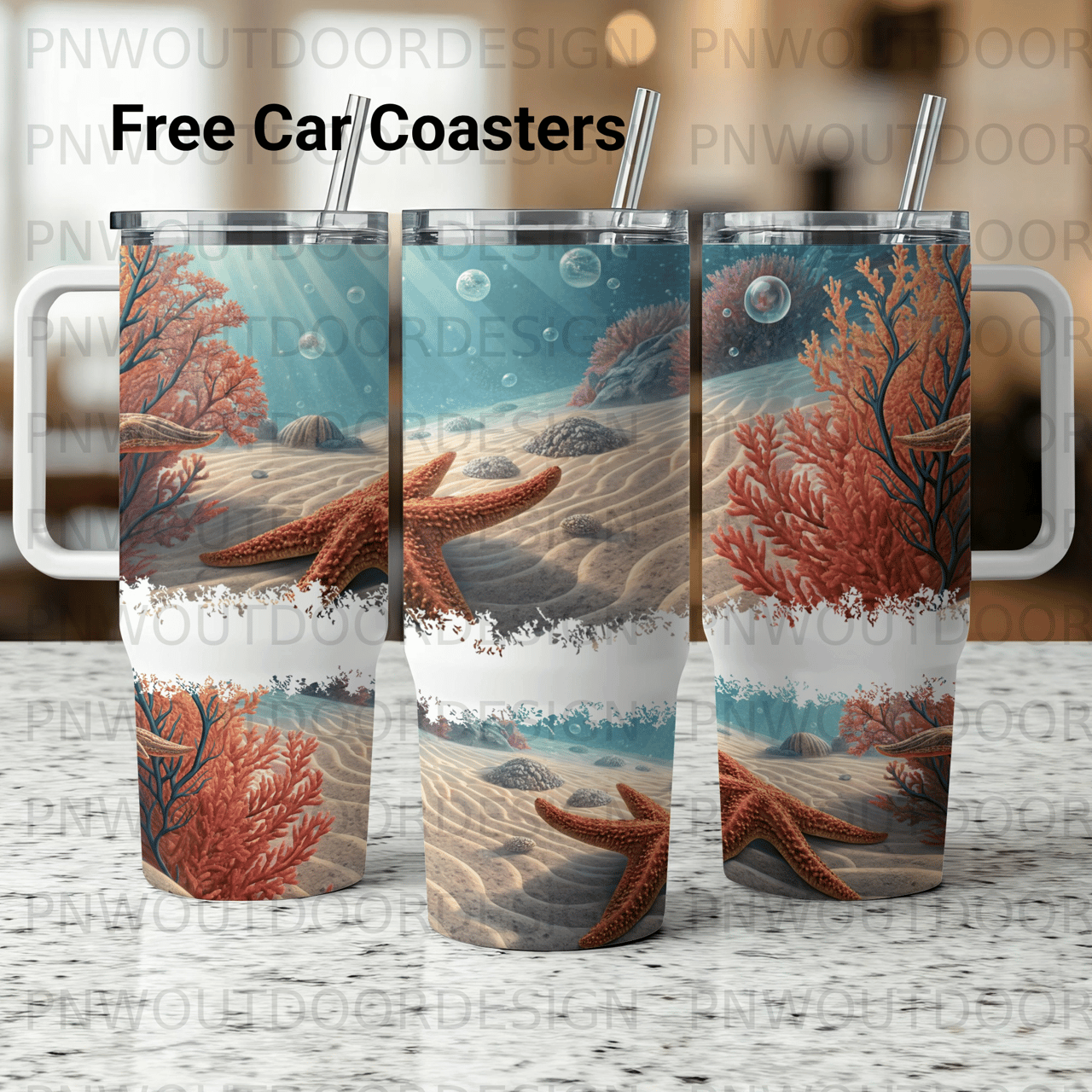 40oz Tumbler Sublimation Wrap Digital Download - Seamless Underwater Ocean Starfish Coral Distressed Tapered PNG