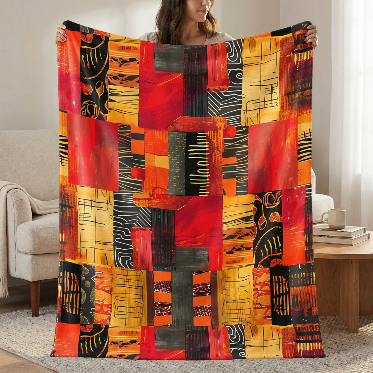 Modern Abstract Art Velveteen Blanket, Geometric Woven Throw Pillow, Red Orange Eclectic Decor, Contemporary Home Art Statement