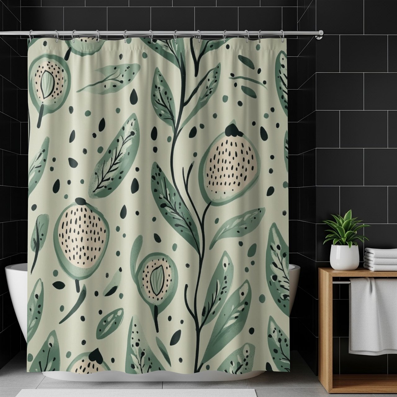 Sage Green Botanical Shower Curtain, Boho Folk Art Leaves Bath Mat, Earthy Cottagecore Bathroom Decor, Modern Nature Floral Bath Set