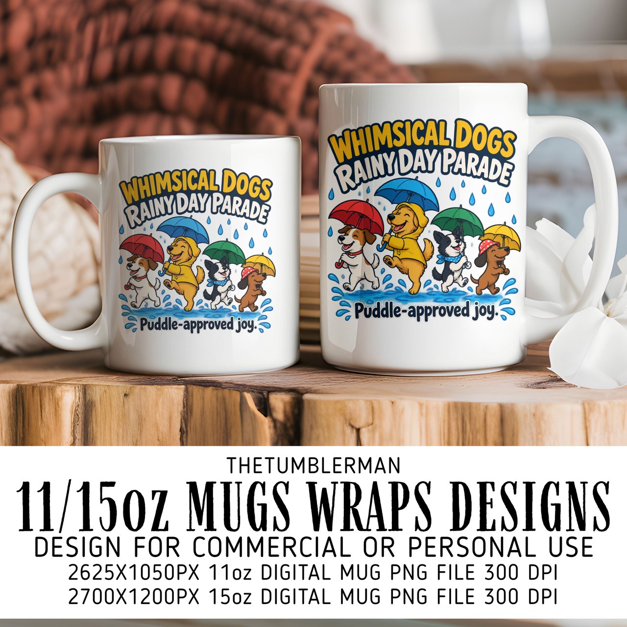 Whimsical Dogs Rainy Day Digital Mug Wrap