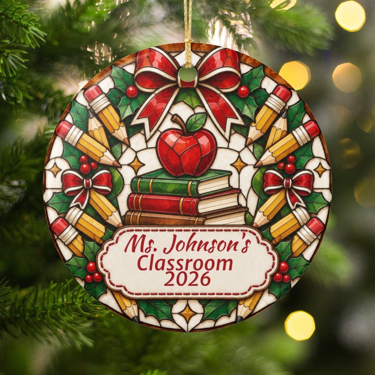 Personalized Teacher Christmas Ornament, Stained Glass Style Teacher Appreciation Gift, Custom Classroom Holiday Tree Decor Keepsake