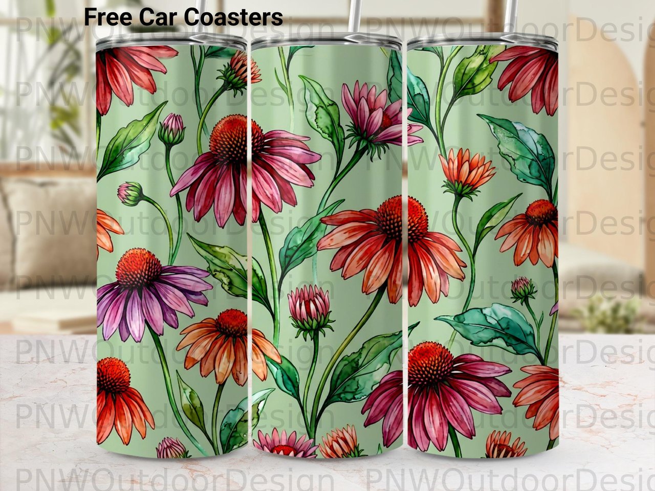 Echinacea Tumbler Wrap PNG Digital Design, Watercolor Floral 20oz Skinny Tumbler Sublimation Seamless File, Instant Download