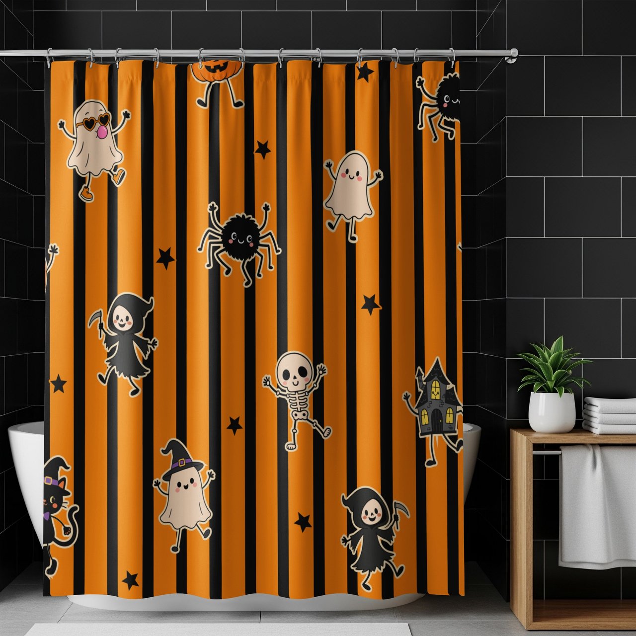 Cute Halloween Shower Curtains, Bath Mat, Kawaii Ghost and Skeleton Spooky Season Bathroom Decor, Orange Black Striped Fall Housewarming