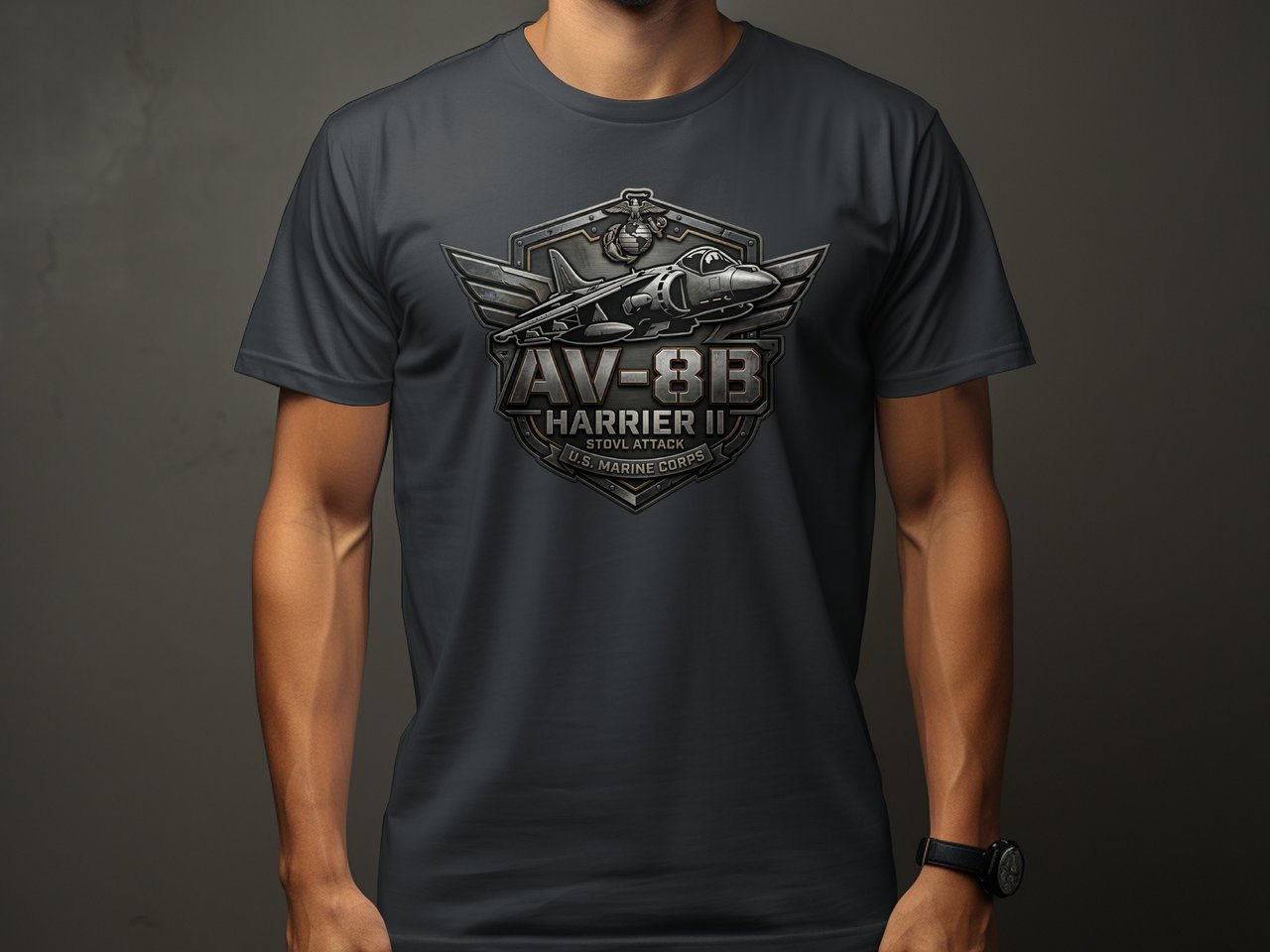 AV-8B Harrier II T-Shirt, USMC Military Jet Tee, Faux Metal Aircraft Graphic Shirt, Veteran Gift for Pilot and Aviation Fan