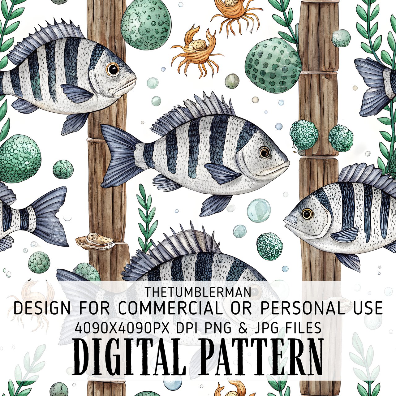 Digital Fish Pattern, Fish and Crab Design, Digital Bundle, Seafood Pattern, Beach Pattern, Ocean Animal Art, Sea Life, Digital Download