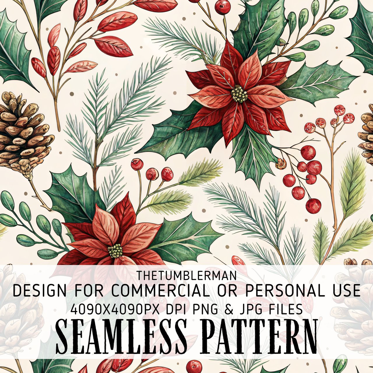 Watercolor Poinsettia Tumbler, Christmas Digital Paper, Floral Scrapbook, Holly Printable PNG, Holiday Junk Journal, Flower Background