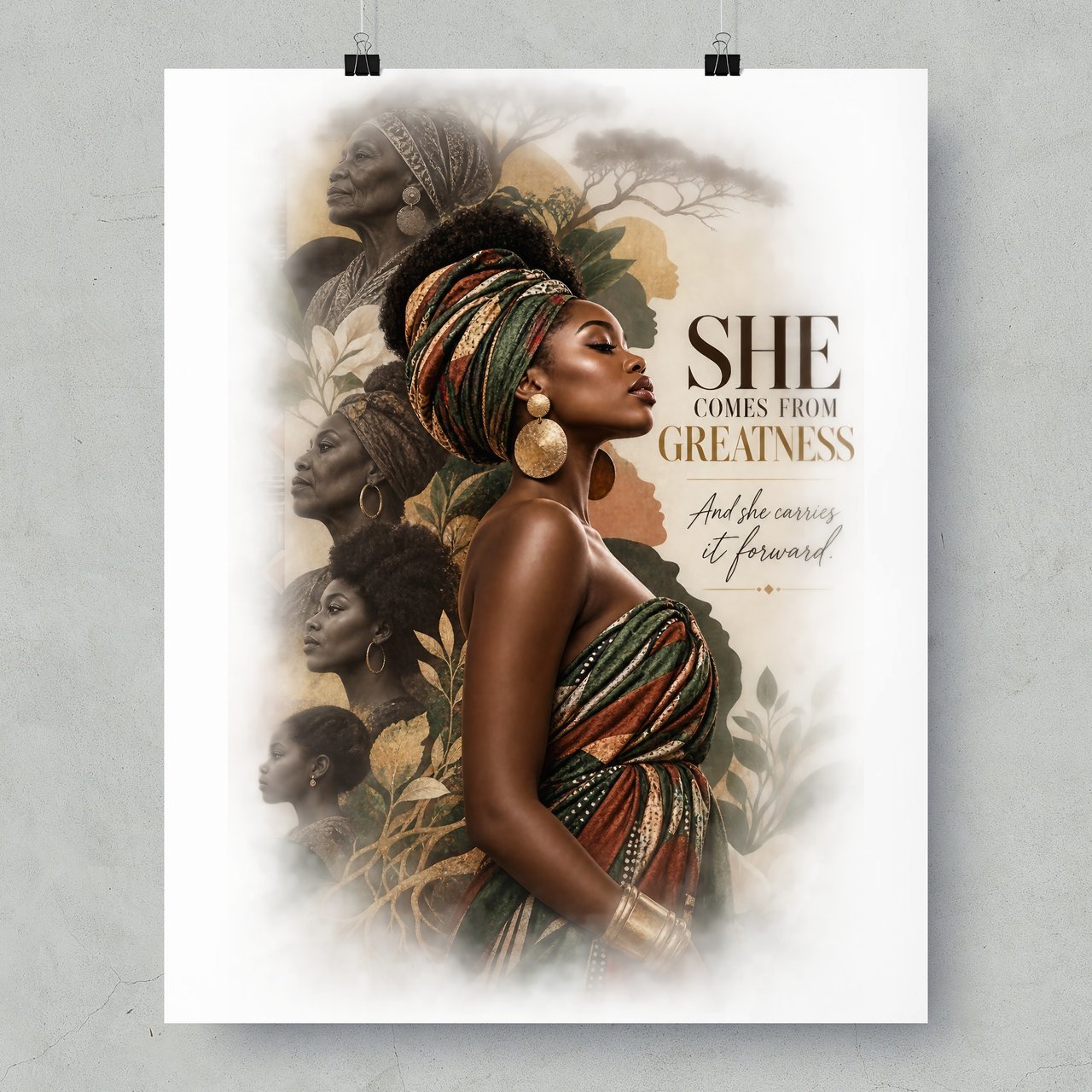 Black Woman Ancestry Wall Art Poster, She Comes From Greatness Framed Poster, African Matriarch Heritage Decor, Empowering Melanin Art