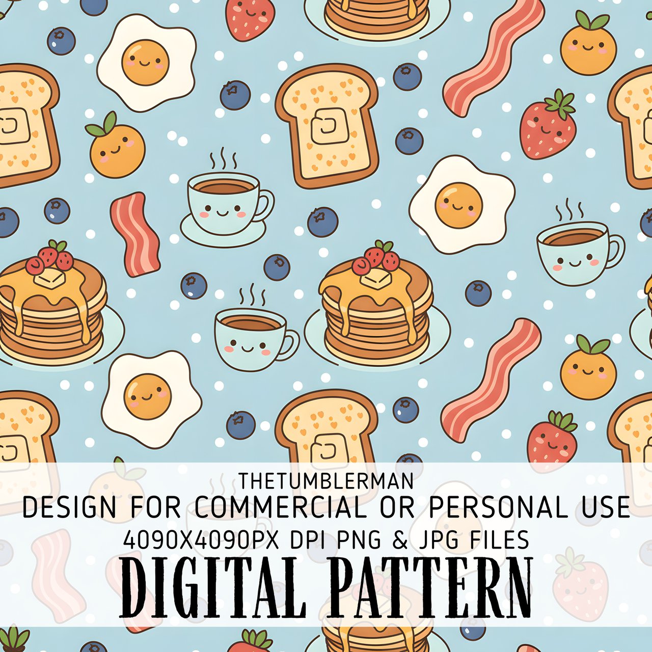 Digital Pattern, Breakfast Food Bundle, Cute Food Illustration, Seamless Kawaii Pattern, Foodie Pattern, Digital Paper, Commercial Use OK