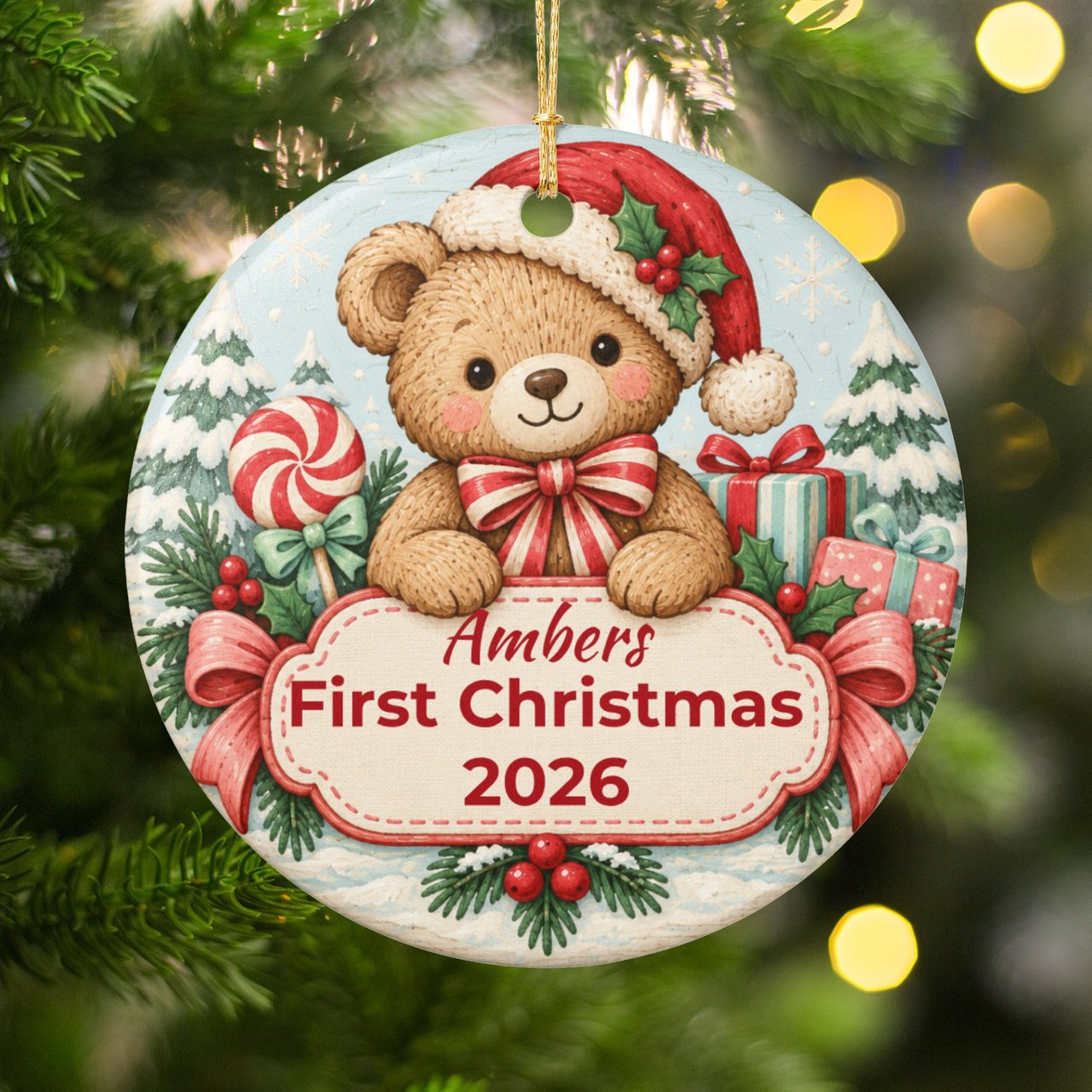 Baby First Christmas Ornament, Custom Teddy Bear Keepsake, Personalized Name Holiday Ornaments, Vintage Baby Xmas Decor, New Parent Gift