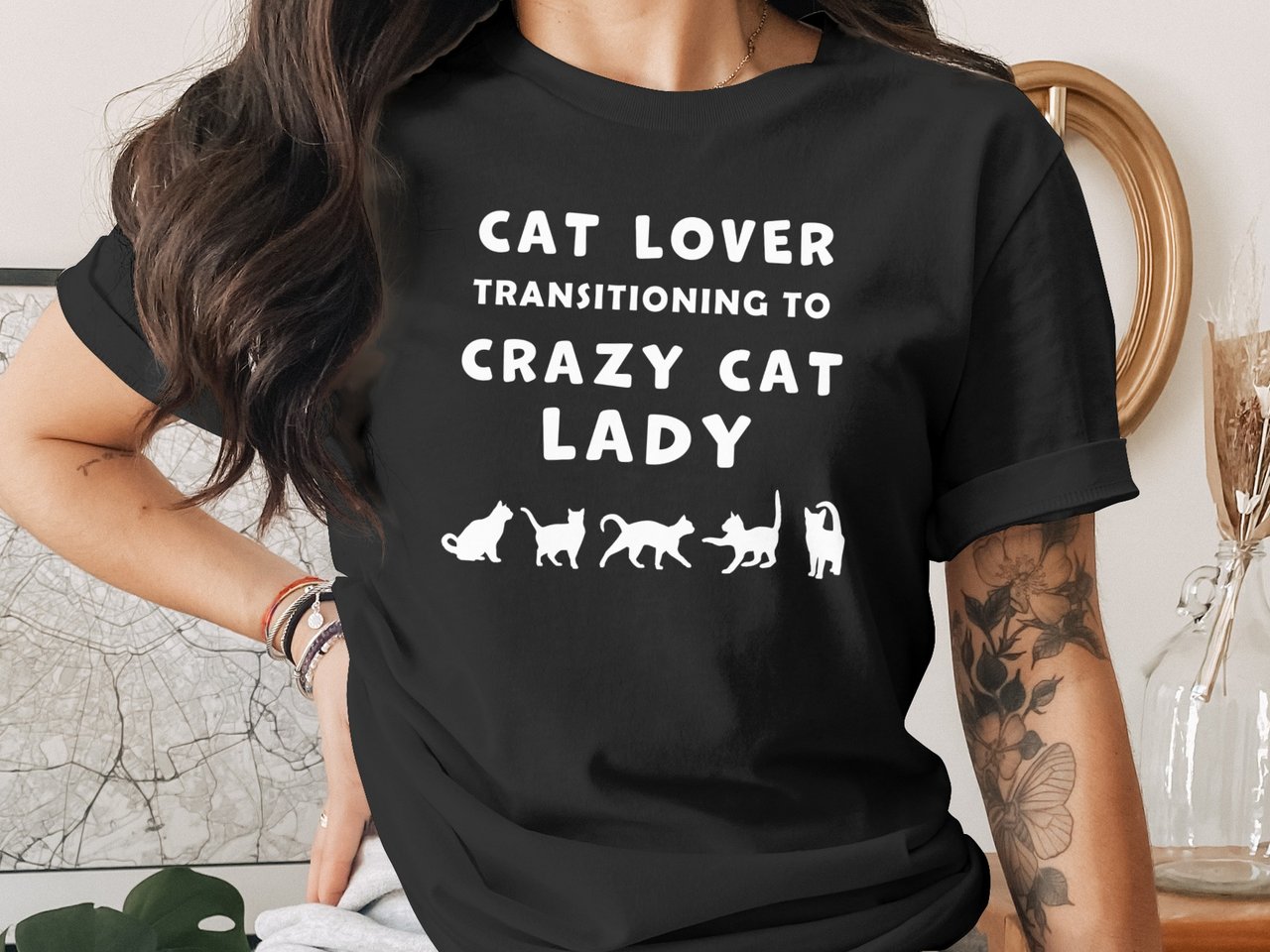 Cat Lover Woman Transitioning to Crazy Cat Lady funny graphic t-shirt for Cat Lovers and Crazy Cat Ladies.