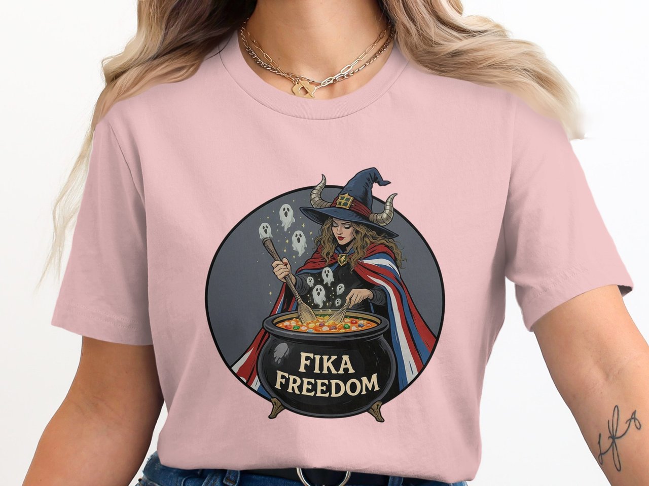 Swedish American Halloween Sweatshirt and T-shirts, Fika Freedom Witch Sweatshirt, Halloween Sweatshirt, Swedish American Witch, Spooky