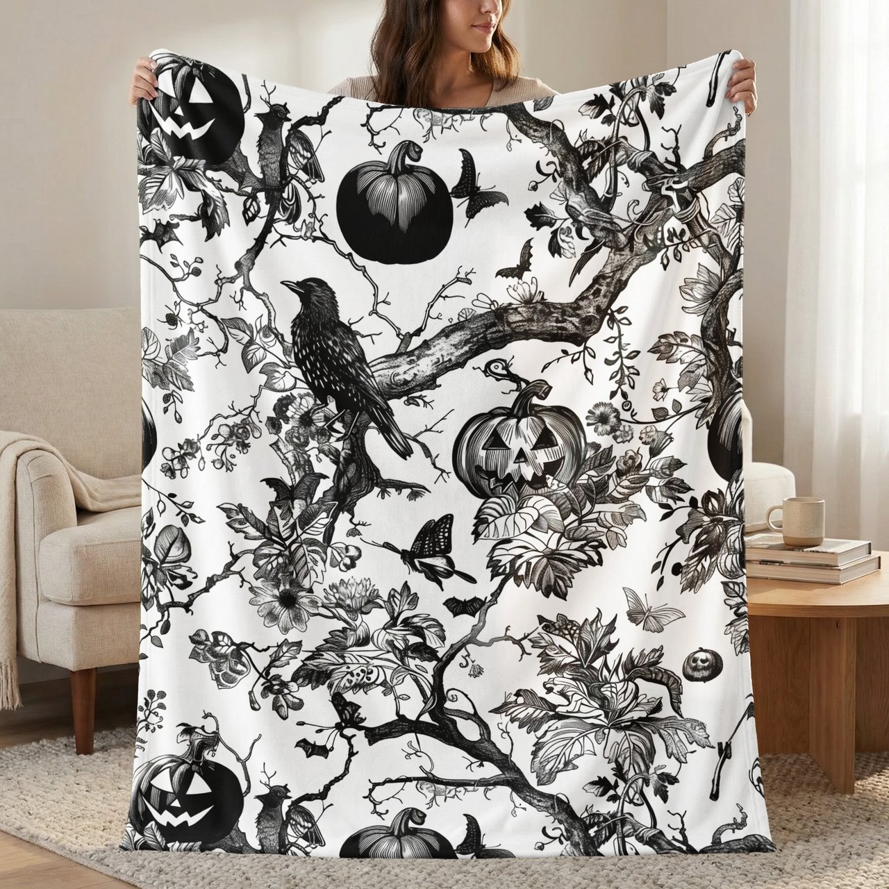 Vintage Halloween Woven Blanket, Dark Gothic Throw Pillow, Spooky Raven Jack O Lantern Toile Blanket, Victorian Dark Academia Home Decor