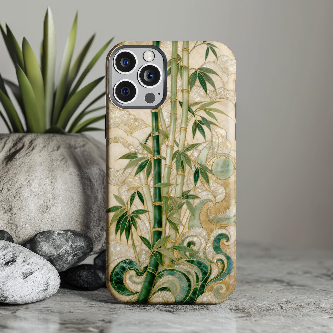 Jade Bamboo Tough Phone Case Asian Art Print Faux Gold Inlay Zen Cover Aesthetic Botanical Phone Case Gift For Her