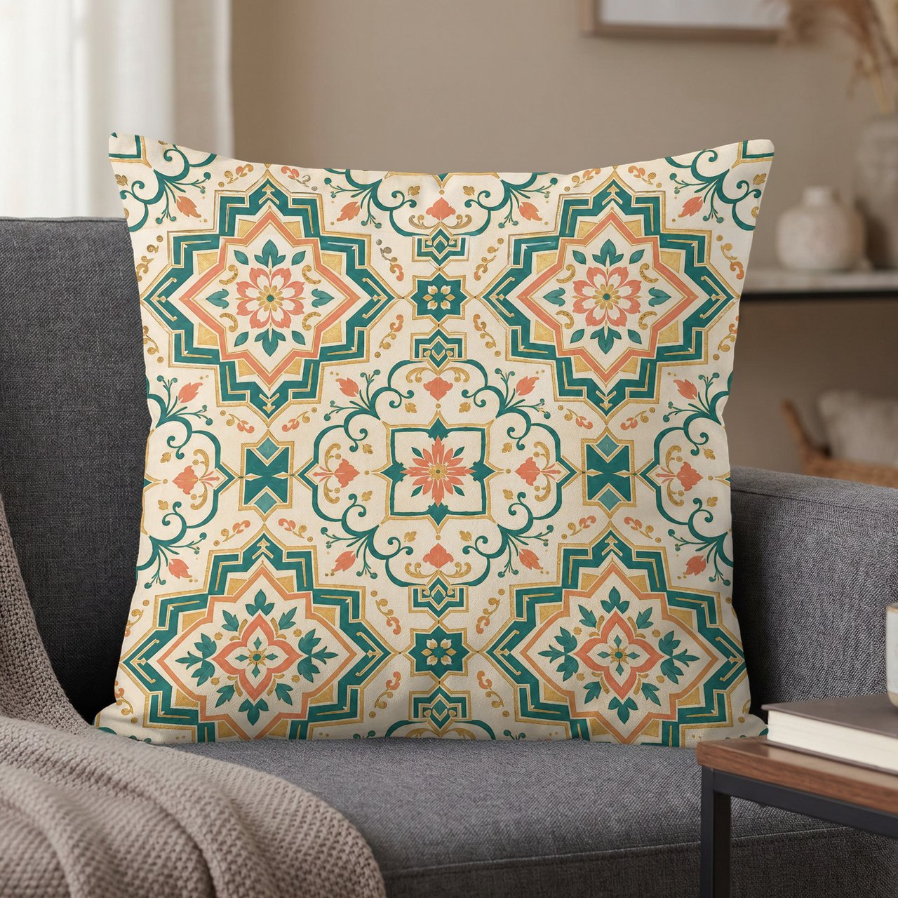 Moroccan Tile Pillow Cover, Boho Mediterranean Accent Throw Pillow Case, Ornate Floral Geometric Cushion Cover