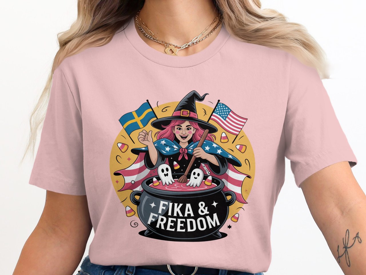 Swedish American Halloween Sweatshirt and T-shirts, Fika and Freedom, Witch with Ghosts, American Flag, Swedish Flag, Halloween Sweatshirt