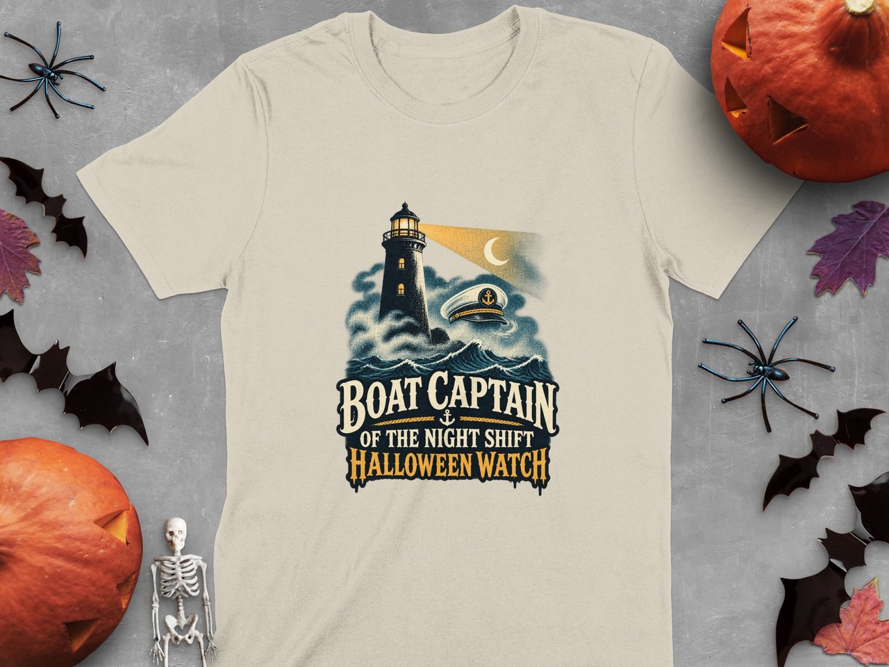 Boat Captain Of The Night Shift Halloween Watch Lighthouse Waves Nautical Graphic Crewneck Sweatshirt