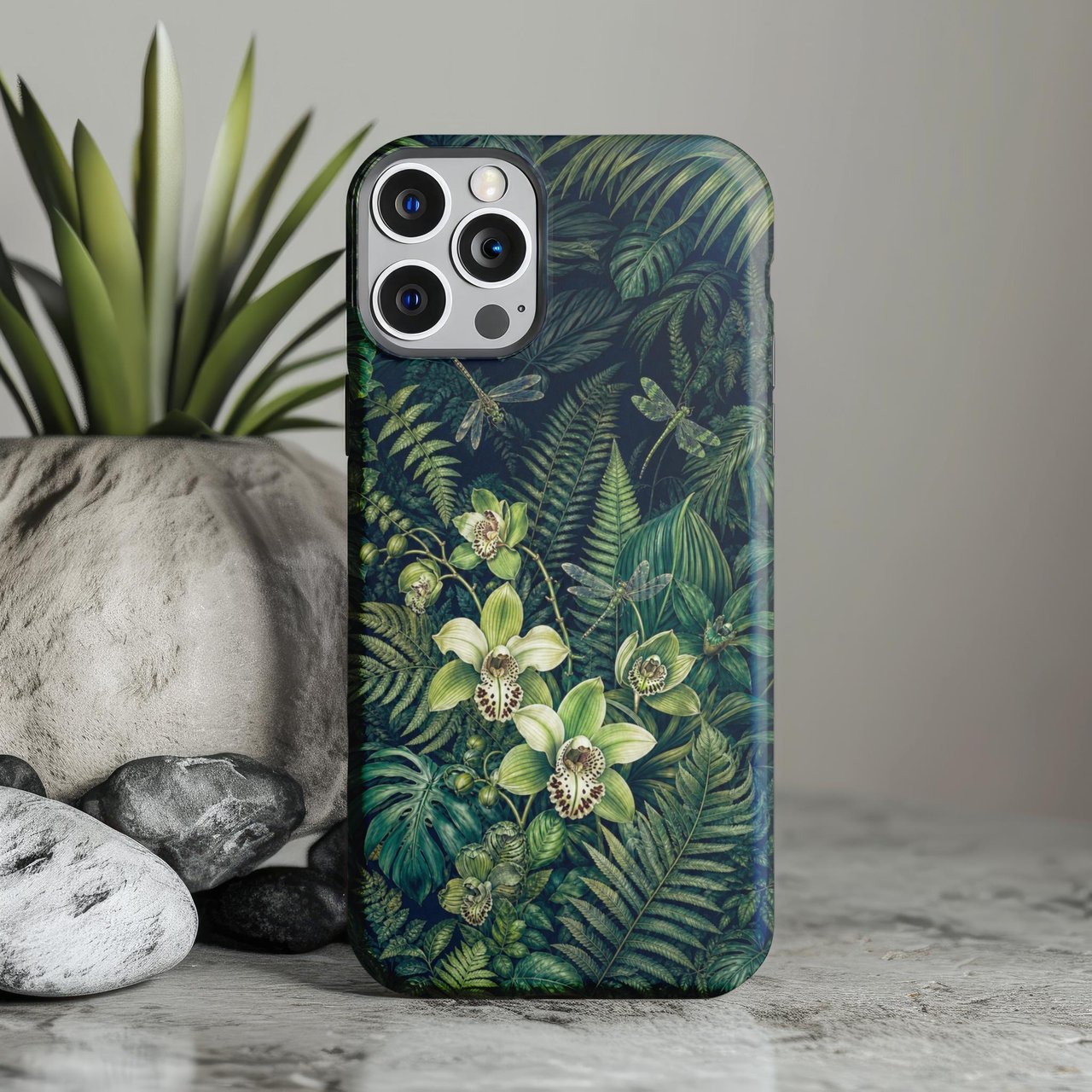 Dark Botanical Tough Phone Case, Vintage Jungle Plant Phone Cover, Moody Orchid & Fern Dragonfly Forest Case, Nature Lover Gift for Her
