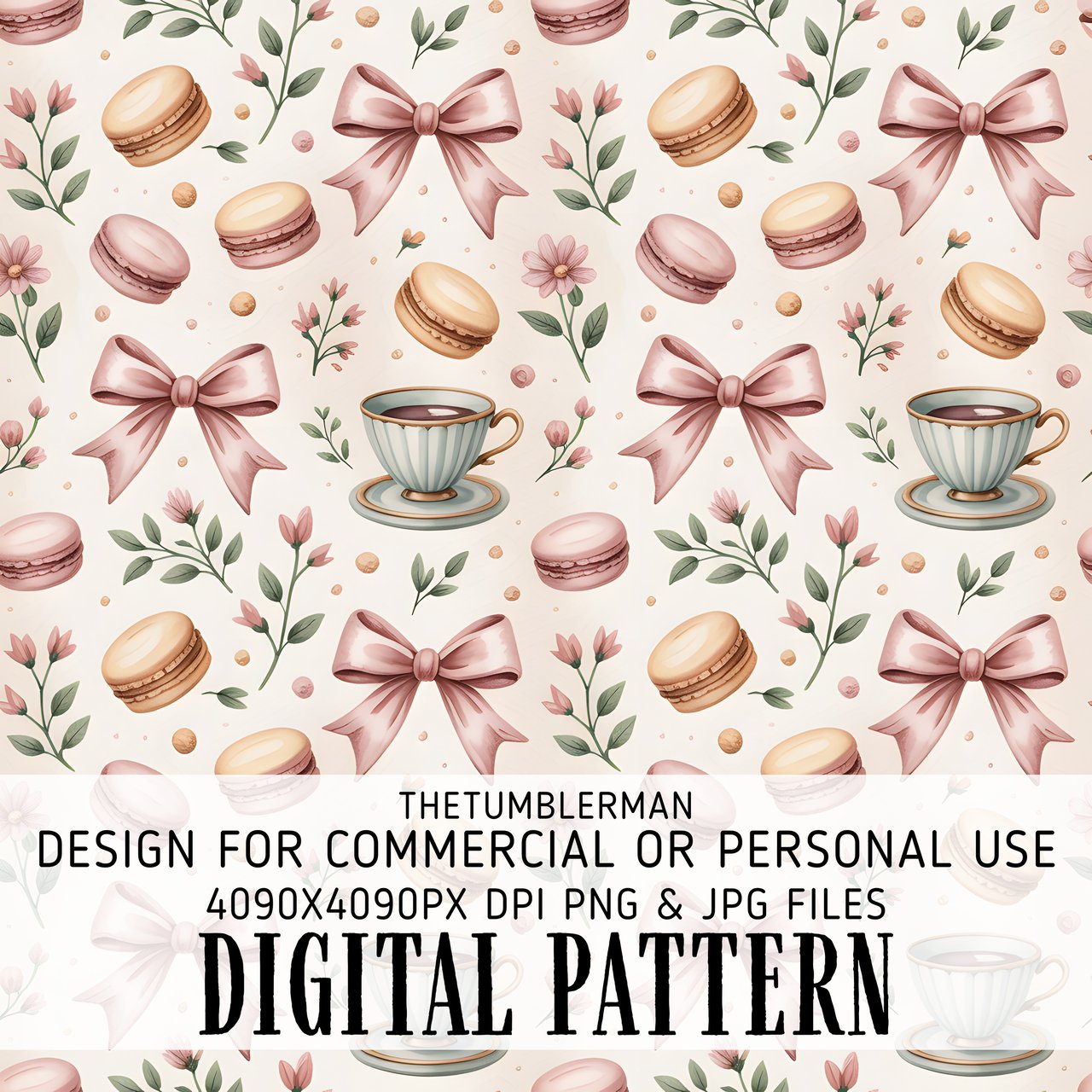 Digital Macarons Pattern, Bows, Teacups Digital, Floral Seamless Repeat Pattern, Bundle Commercial Use, Fabric Digital Pattern