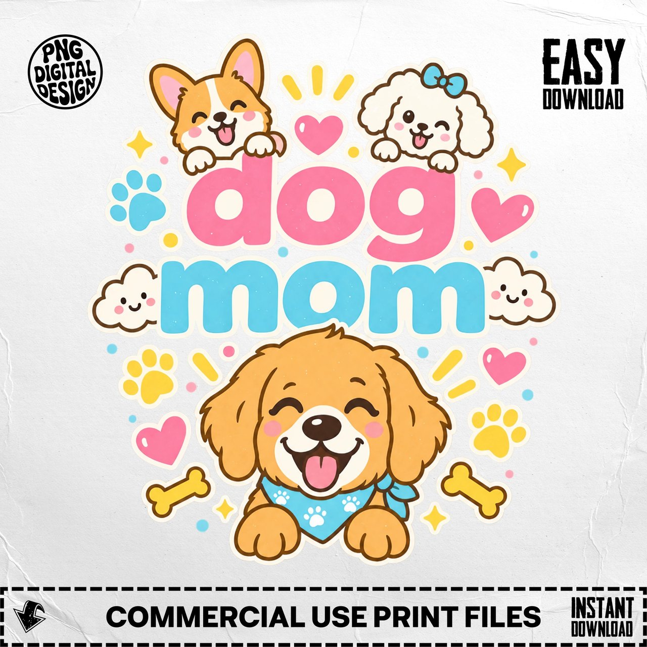 Dog Mom T Shirt Cartoon Golden Retriever Corgi Poodle Puppy Graphic Paw Bone Print