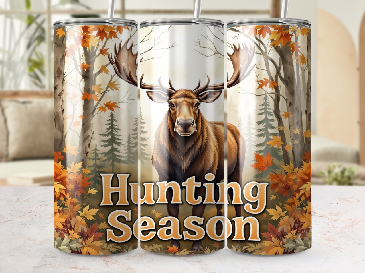 Hunting Season Moose 20oz Tumbler Wrap, Autumn Deer Design, Fall Leaves Tumbler, Wildlife Lover Gift, Outdoorsman Present