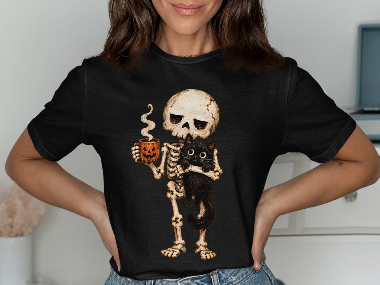 Skeleton Coffee and Cat Tee or Sweatshirt