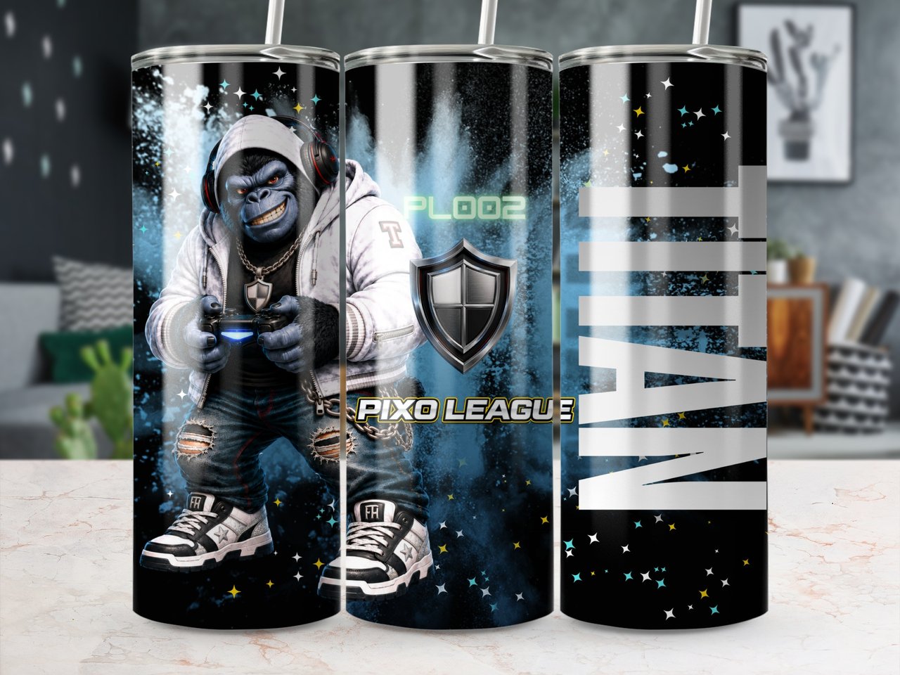 20oz Skinny Tumbler with Straw, Gorilla Gamer Tumbler, Gaming Cup, Video Game Gift for Boys and Teens