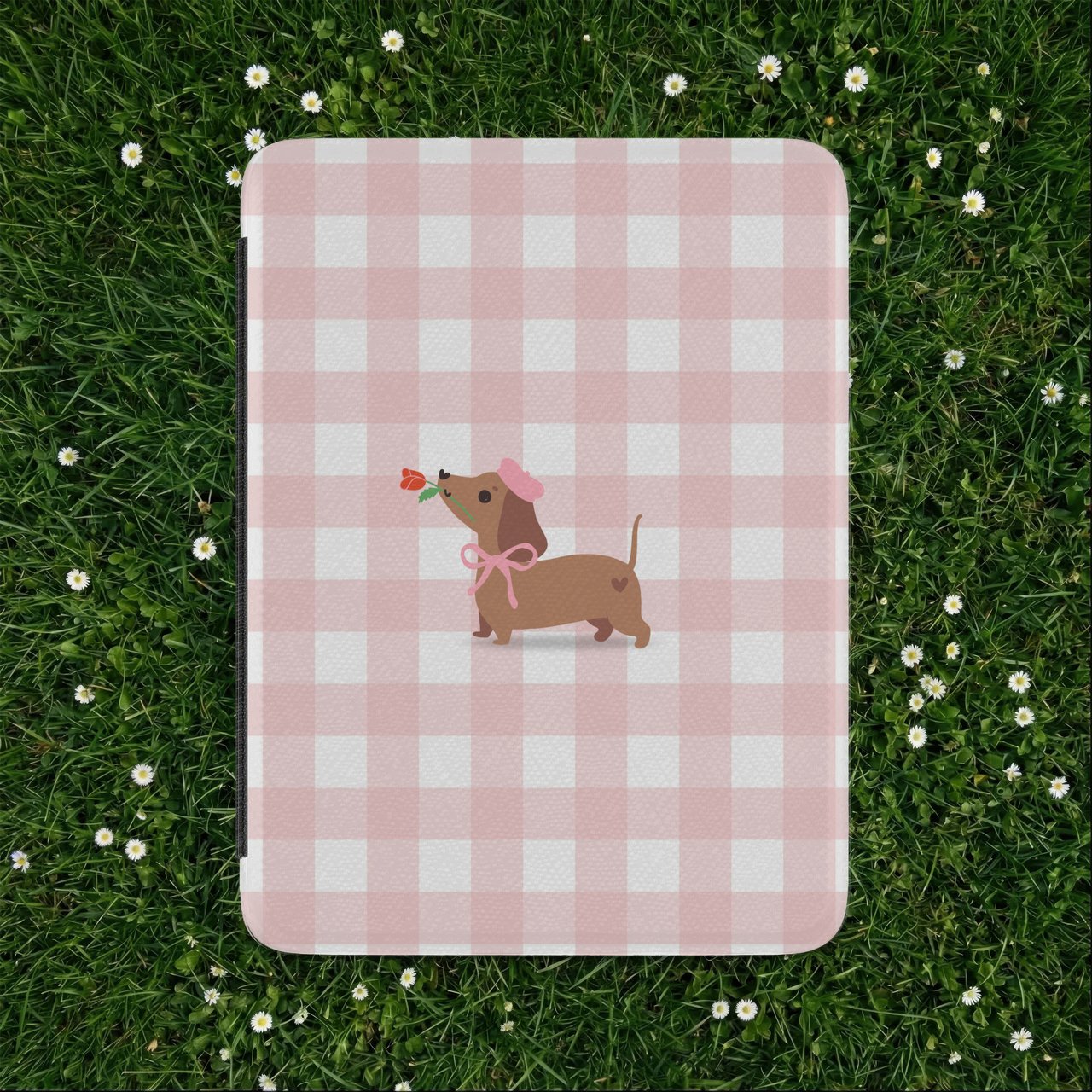 Pink Gingham Dachshund Kindle Case