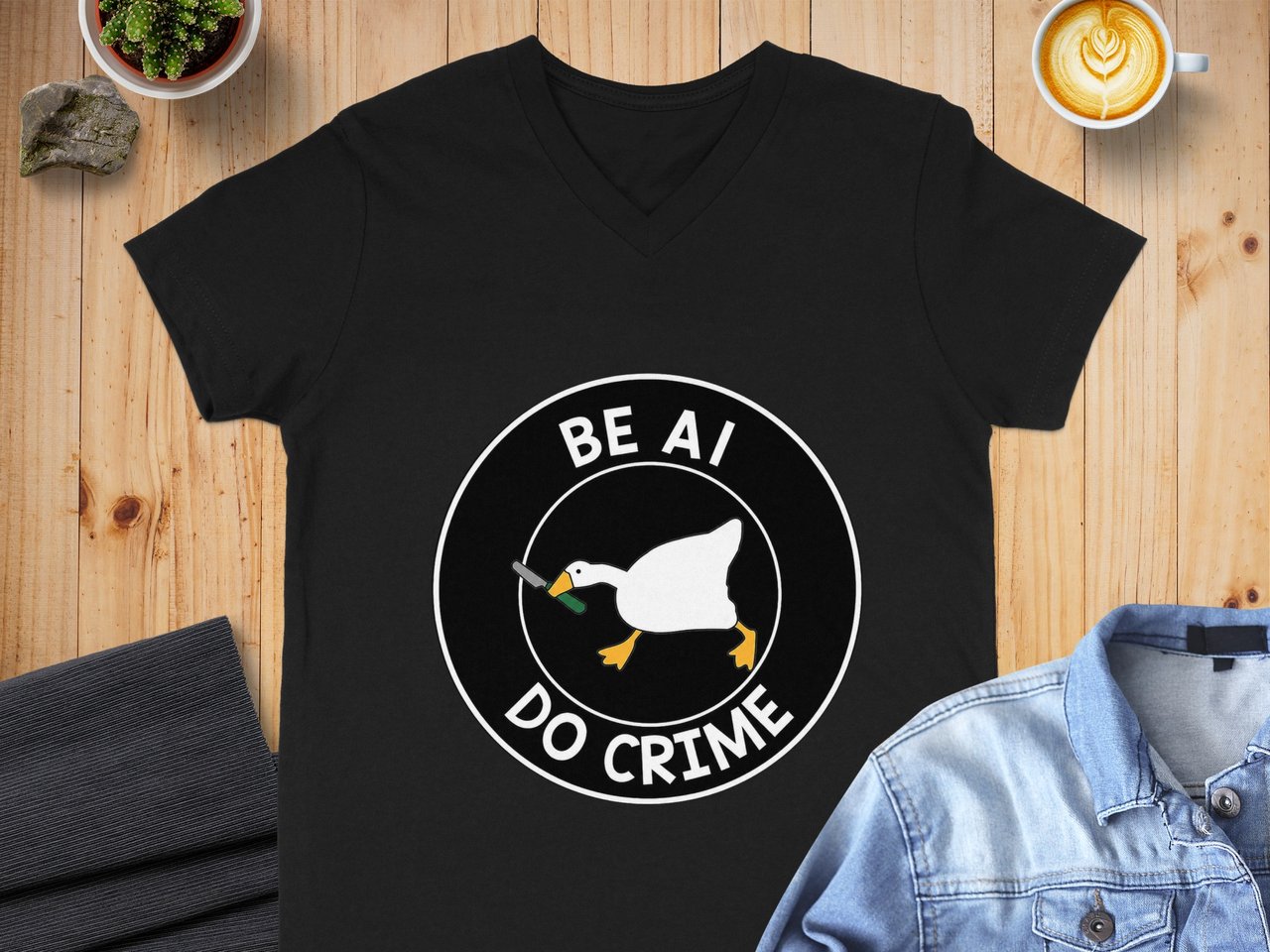 Be AI. Do Crime. Goose Badge — Bella 3005 V-Neck T-Shirt