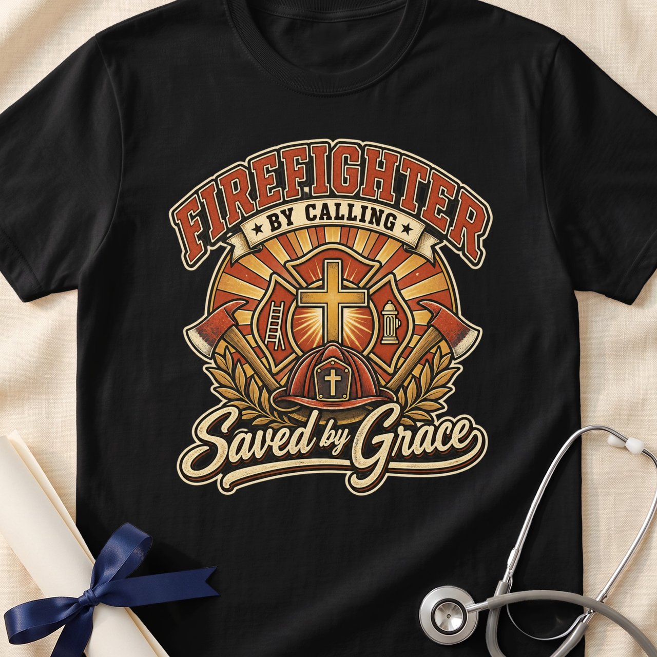 Firefighter by Calling Saved by Grace Christian Shirt