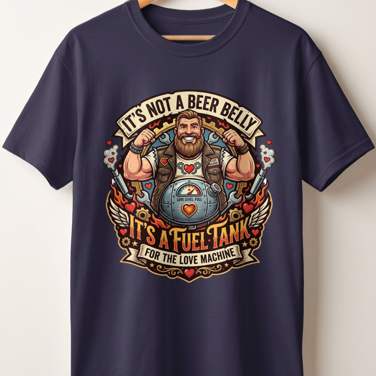 Fuel Tank Love Machine T-Shirt | Funny Beer Belly Humor Dad Shirt | Bearded Biker Husband Gift | Valentine's Day Fathers Day Tee for Him