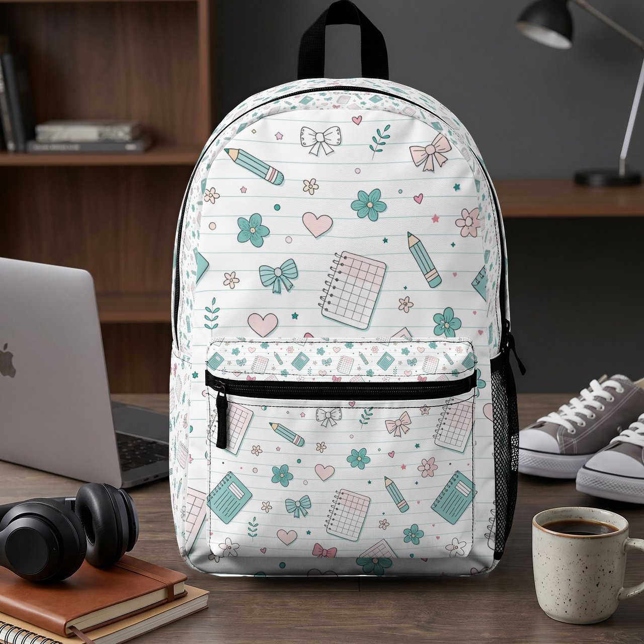 Kawaii Stationery Pattern Backpack, Aesthetic Spiral Notebook, & Accessory Pouch | Cute School Supplies for Students