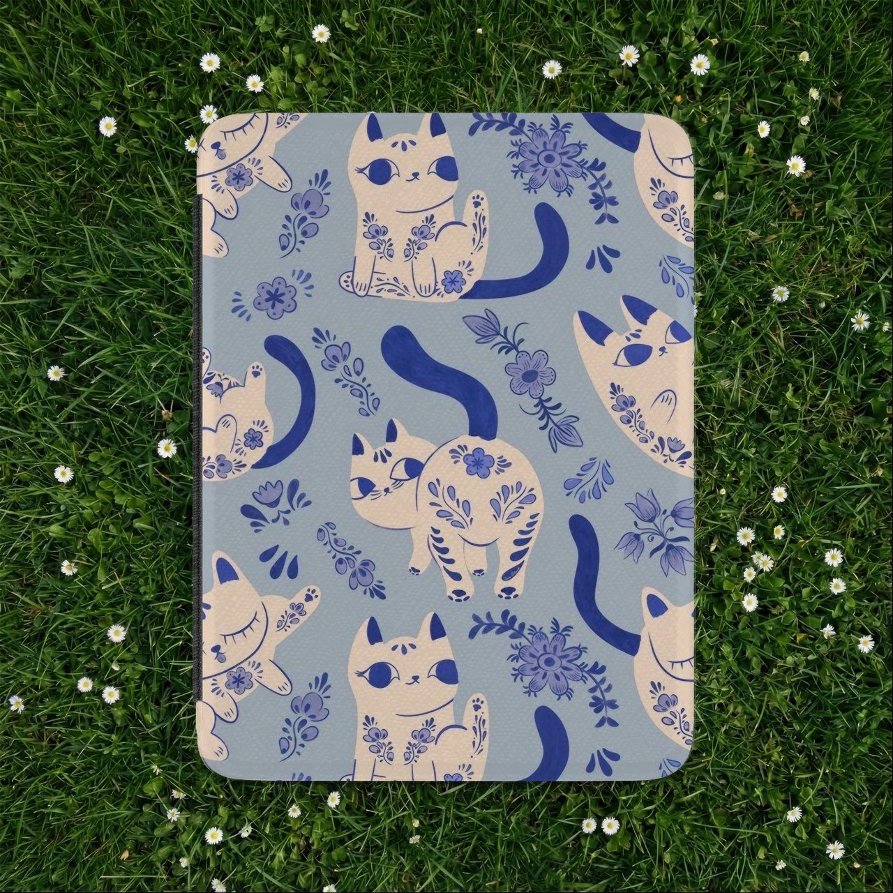 Blue Folk Floral Cat Kindle Case